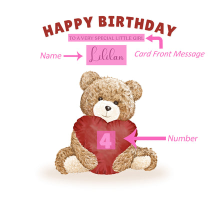 Teddy Bear with Heart-shaped Cushion -Personalised Birthday Folded Card for Girls, Custom Name, Age and Message, Watercolour Effect Happy Birthday Card, Any Age Birthday, 1st 2nd 3rd 4th 5th 6th 7th 8th 9th 10th, Customisable Birthday Card for Children