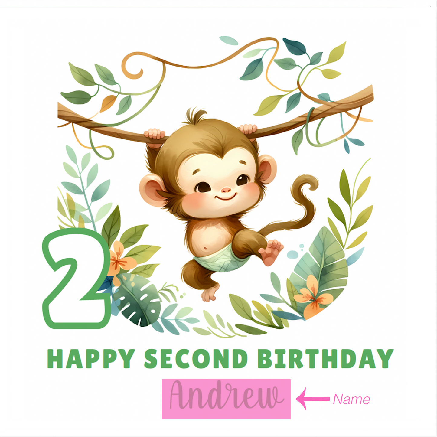 Personalised 2 Years Old 2nd Birthday Card for Toddler Boy – Monkey Jungle Animal Design with Custom Name - Age 2 Two-year-old Birthday Card for Son, Grandson Nephew - Green Envelope Included