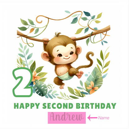 Personalised 2 Years Old 2nd Birthday Card for Toddler Boy – Monkey Jungle Animal Design with Custom Name - Age 2 Two-year-old Birthday Card for Son, Grandson Nephew - Green Envelope Included