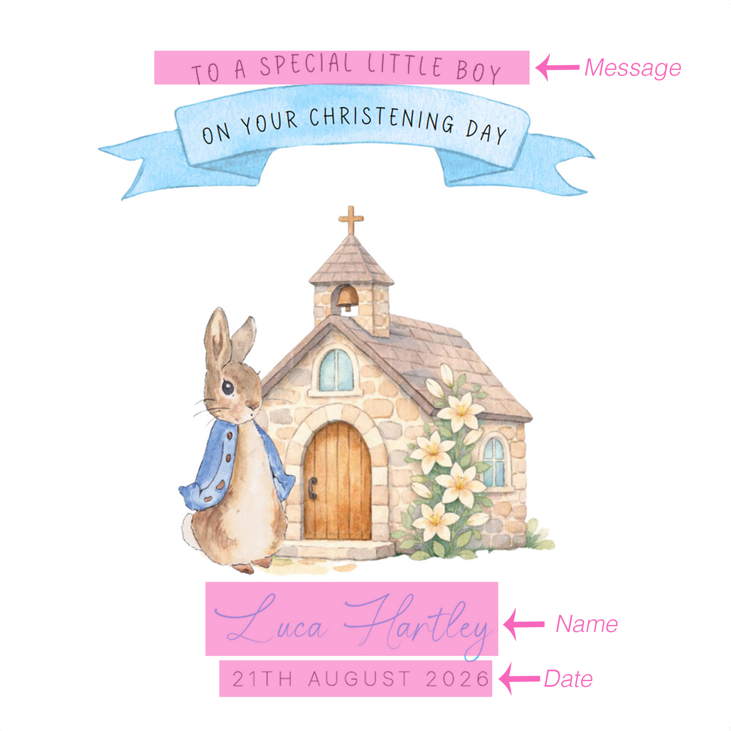 Personalised Christening Card for Boy – Custom Baptism Card with Message, Name & Date - Cute Bunny & Church Design – Baptism Card for Boys, Son, Grandson, Nephew with Blue Envelope