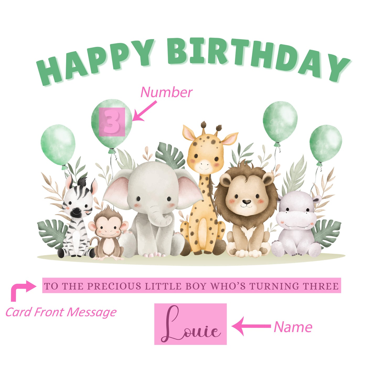 Safari Animals-Personalised Birthday Folded Card for Boys, Custom Name, Age and Message, Watercolour Effect Happy Birthday Card, Any Age Birthday, 1st 2nd 3rd 4th 5th 6th 7th 8th 9th 10th, Customisable Birthday Card for Children