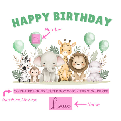 Safari Animals-Personalised Birthday Folded Card for Boys, Custom Name, Age and Message, Watercolour Effect Happy Birthday Card, Any Age Birthday, 1st 2nd 3rd 4th 5th 6th 7th 8th 9th 10th, Customisable Birthday Card for Children