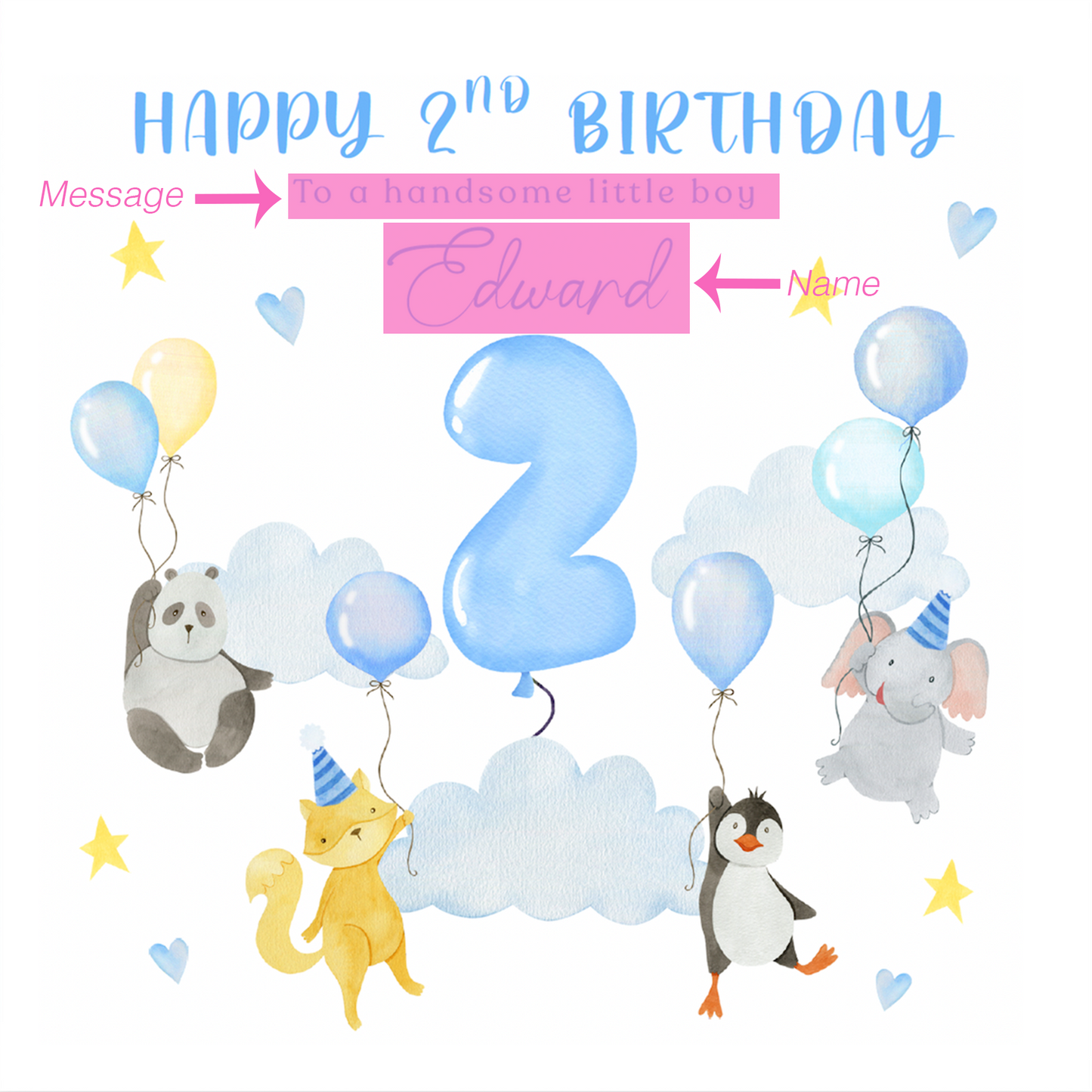 Personalised 2 Years Old 2nd Birthday Card for Toddler Boy - Sky Animal Design with Custom Name & Message - Age 2 Two years Old Birthday Card for Son, Grandson Nephew with Blue Envelope