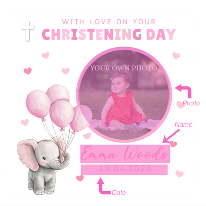 Personalised Photo Christening Card for Girl – Custom Baptism Card with Image, Name & Date - Pink Elepahnt Design – Religious Baptism Card for Girls, Daughter, Granddaughter, Niece with Pink Envelope