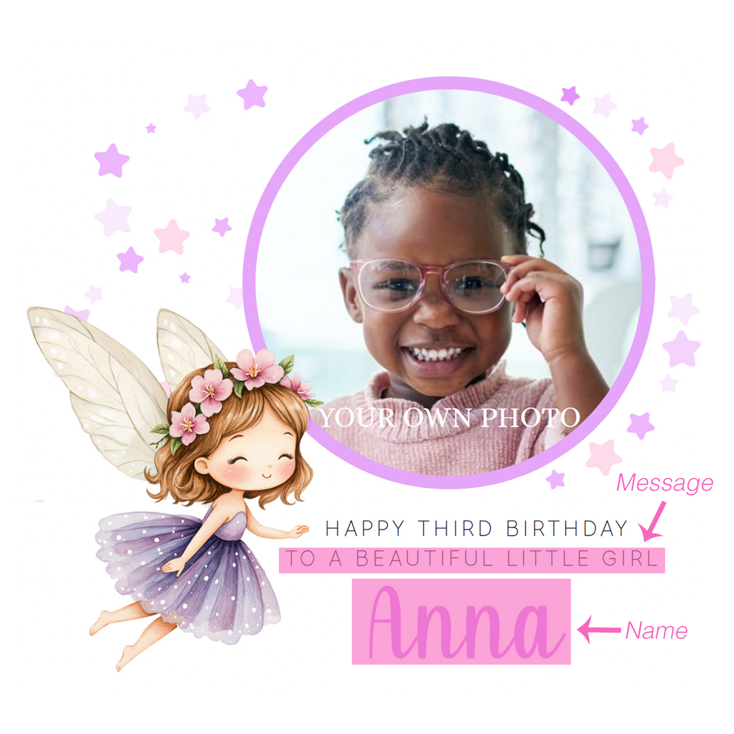 Personalised Photo 3 Years Old 3rd Birthday Card for Toddler Girl – Fairy Design with Custom Photo & Name - Age 3 Year Old Birthday Card for Daughter, Granddaughter, Niece with Purple Envelope