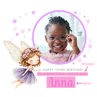 Personalised Photo 3 Years Old 3rd Birthday Card for Toddler Girl – Fairy Design with Custom Photo & Name - Age 3 Year Old Birthday Card for Daughter, Granddaughter, Niece with Purple Envelope