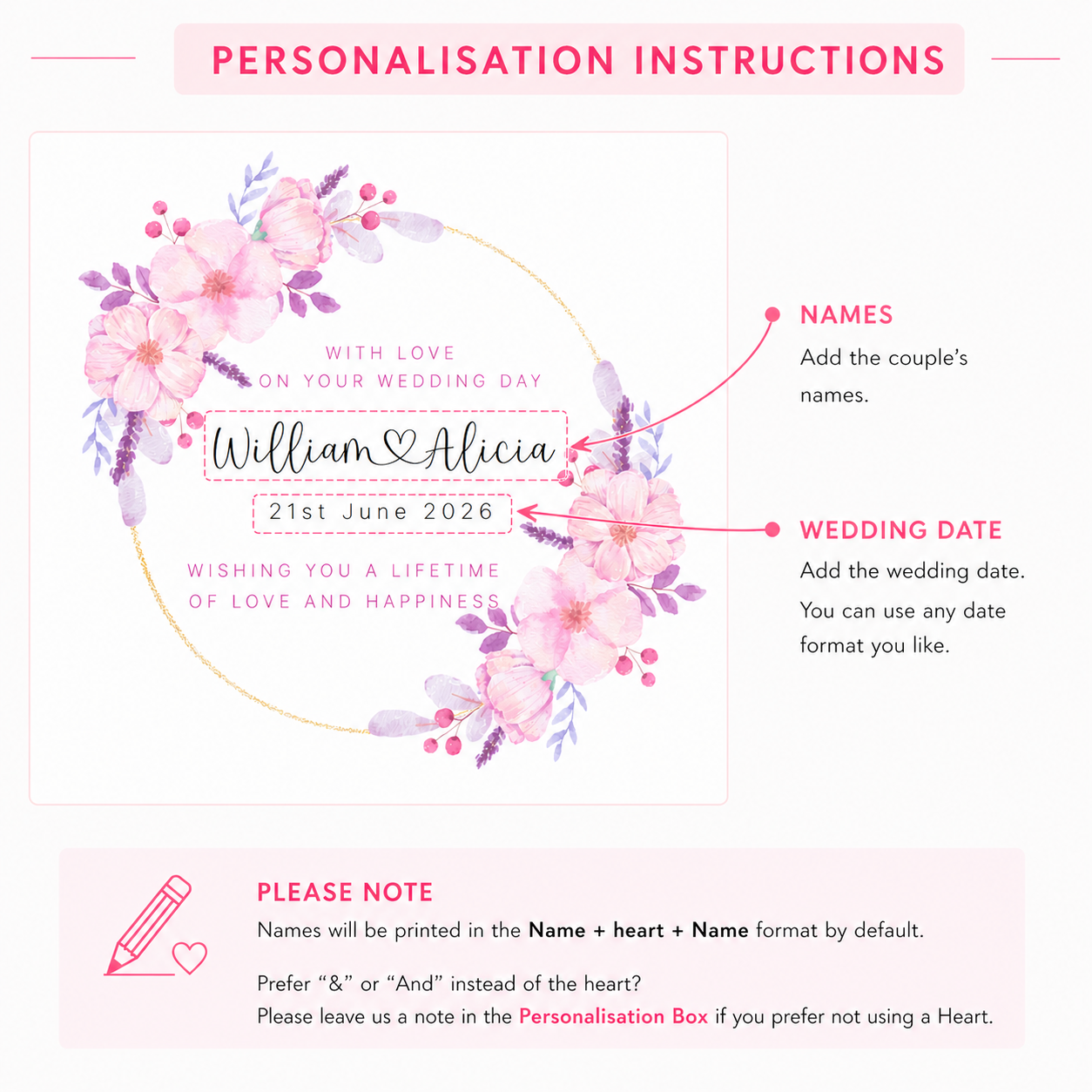 Personalised Floral Wedding Card with Custom Couple's Names & Wedding Date –  Romantic Flower Wreath Design - Wedding Congratulations Card for Newlywed couple, Him or Her - Purple Envelope Included