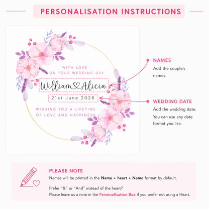 Personalised Floral Wedding Card with Custom Couple's Names & Wedding Date –  Romantic Flower Wreath Design - Wedding Congratulations Card for Newlywed couple, Him or Her - Purple Envelope Included