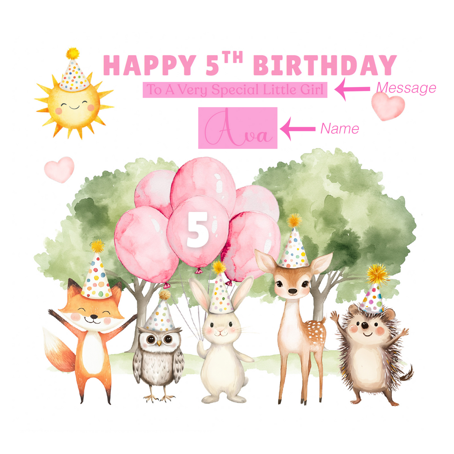 Personalised 5th Birthday Card for Girls – Woodland Animals Design with Custom Name and Message – Age 5 Years Old Birthday Card for Girls, Kids, Daughter, Granddaughter, Niece – Pink Envelope Included