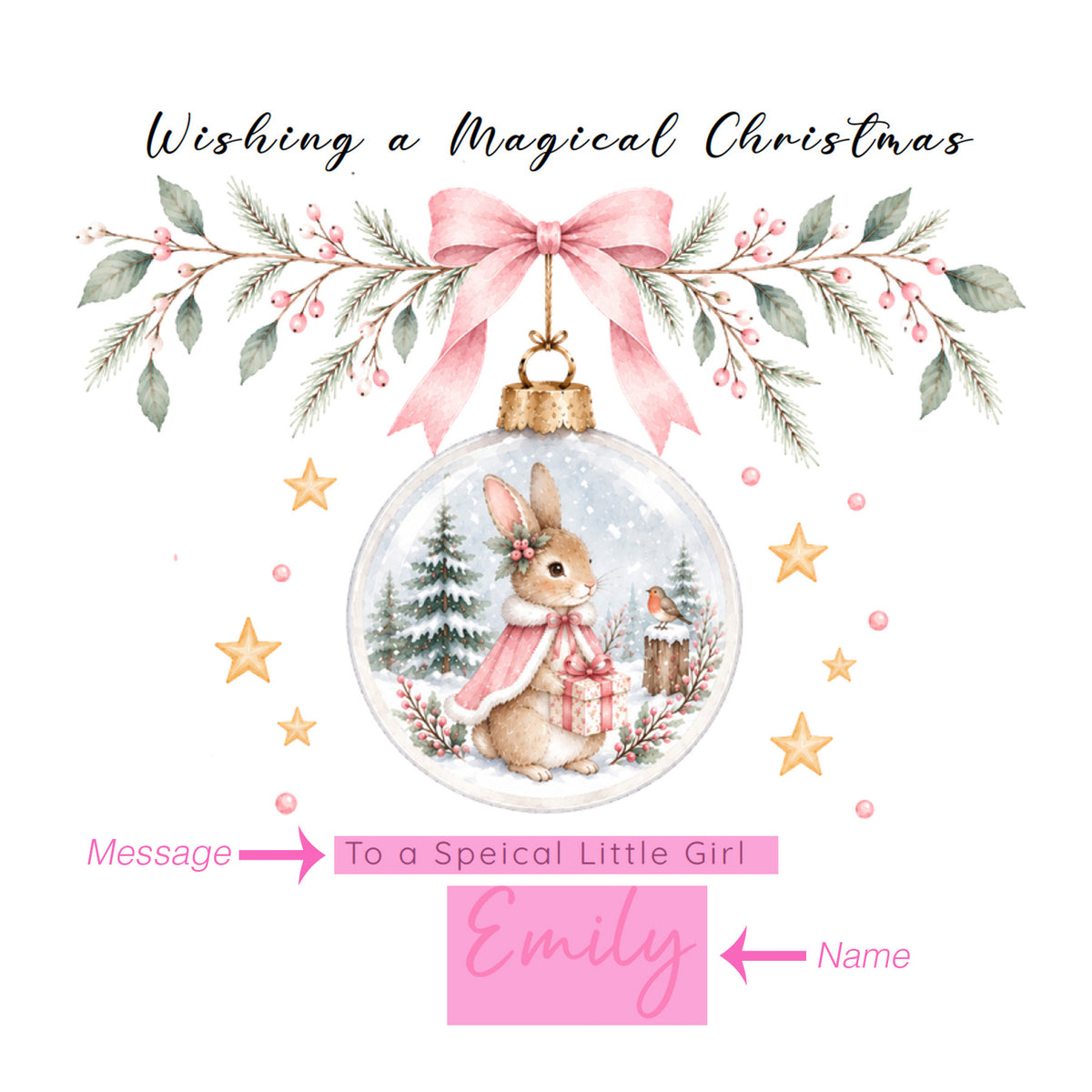 Personalised Christmas Card for Girls – Bunny in a Christmas Bauble