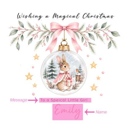 Personalised Christmas Card for Girls – Bunny in a Christmas Bauble
