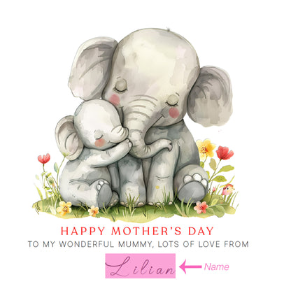Personalised Happy Mother's Day Card with Custom Name for Mummy, Mama, Mother to be, Step-Mum, Grandma from Kid, Son & Daughter – Cute Elephant Mum & Kid - Pink Envelope Included