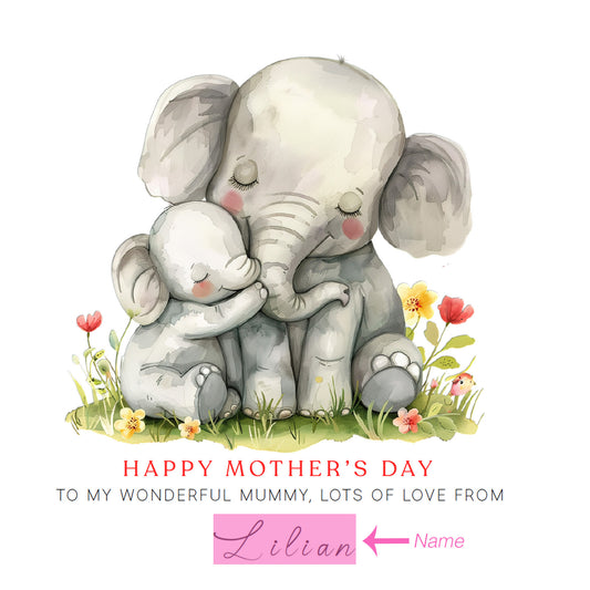 Personalised Happy Mother's Day Card with Custom Name for Mummy, Mama, Mother to be, Step-Mum, Grandma from Kid, Son & Daughter – Cute Elephant Mum & Kid - Pink Envelope Included