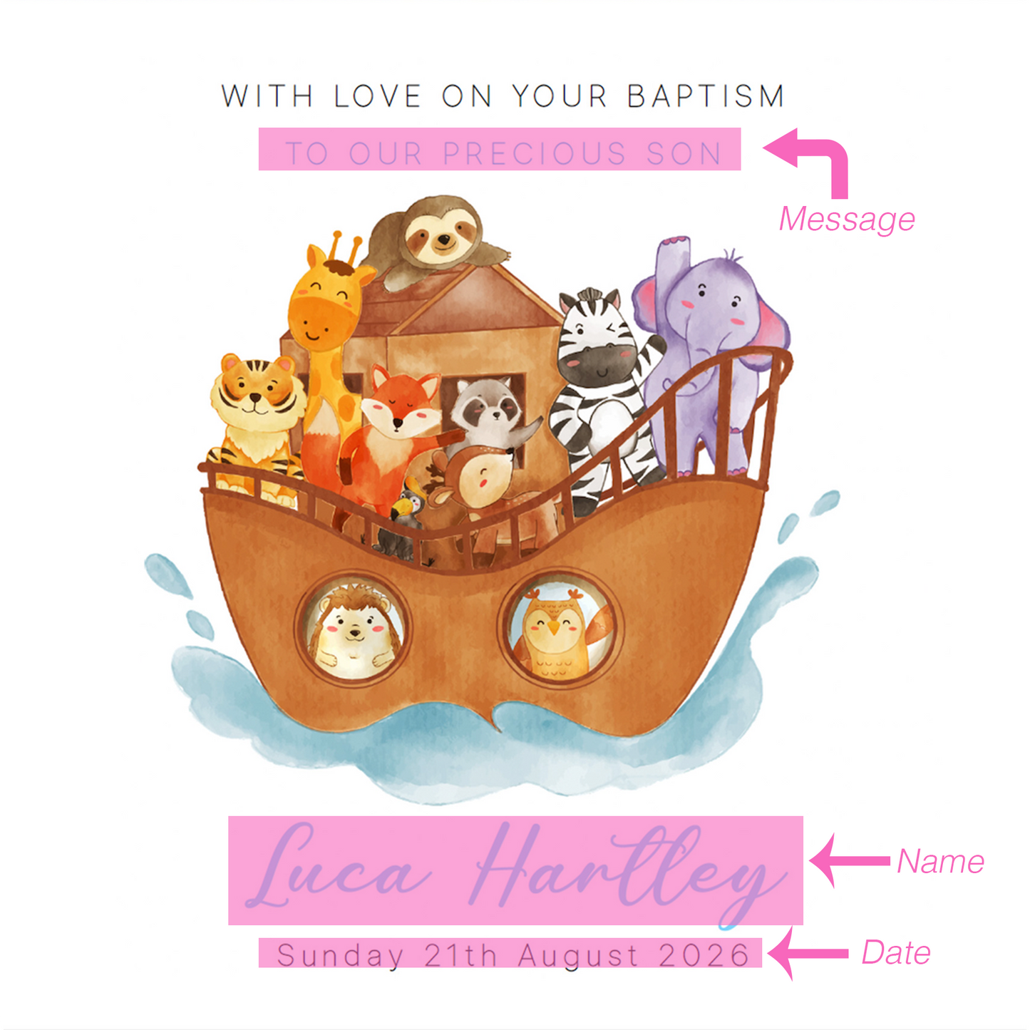 Personalised Christening Card for Boy – Custom Baptism Card with Message, Name & Date - Noah's Ark and Cute Animals Design – Baptism Card for Boys, Son, Grandson, Nephew with Blue Envelope
