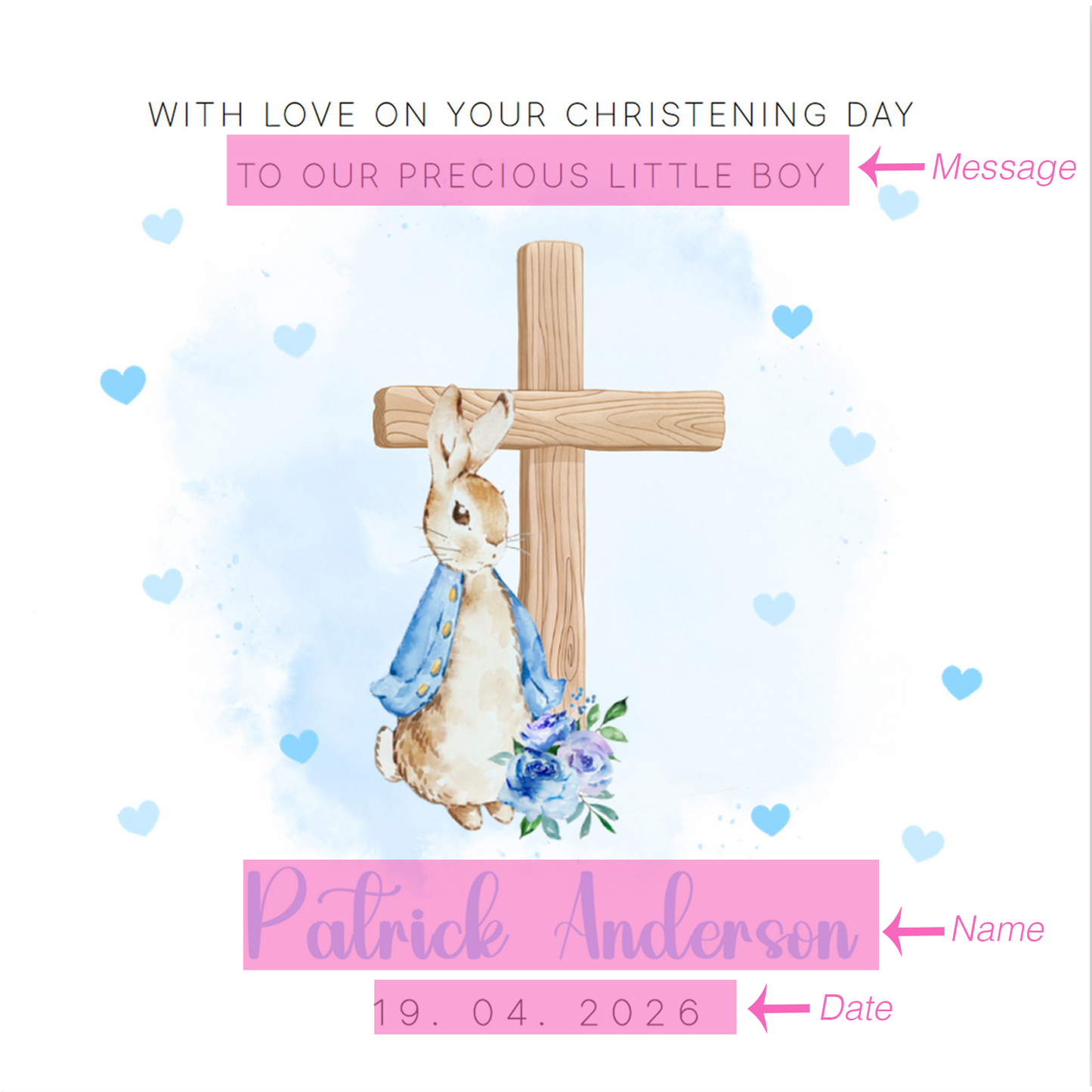 Personalised Christening Card for Boy – Custom Baptism Card with Message, Name & Date -  Blue Bunny Cross – Baptism Card for Boys, Son, Grandson, Nephew with Blue Envelope