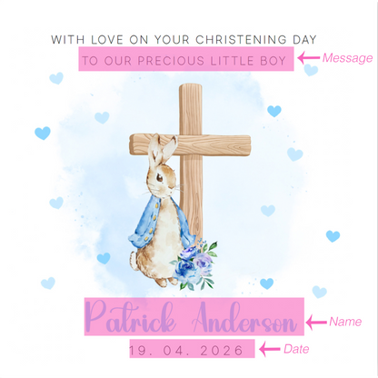 Personalised Christening Card for Boy – Custom Baptism Card with Message, Name & Date -  Blue Bunny Cross – Baptism Card for Boys, Son, Grandson, Nephew with Blue Envelope