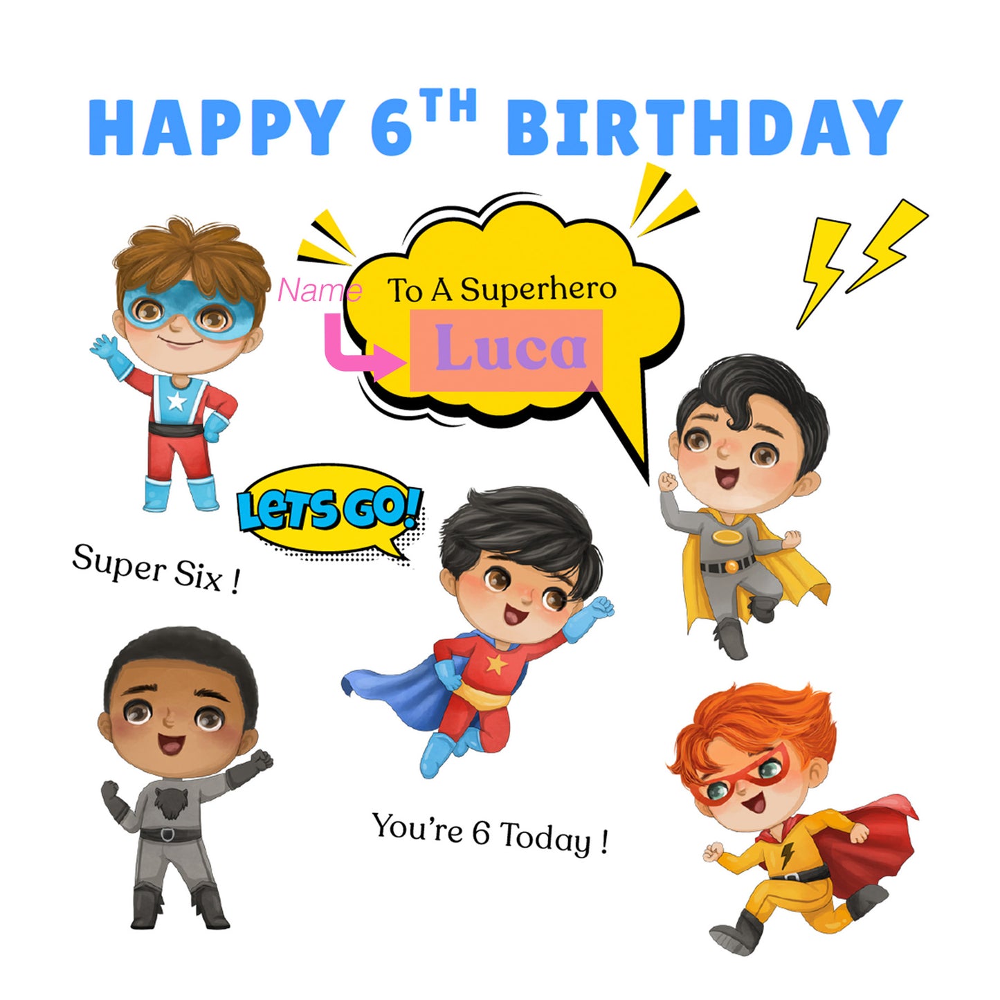 Personalised 6th Birthday Card for Superhero Boys – Superhero Design with Custom Name and Message, Age 6 Years Old Birthday Card for Kids, Children, Boy, Son, Grandson, Nephew– Blue Envelope Included