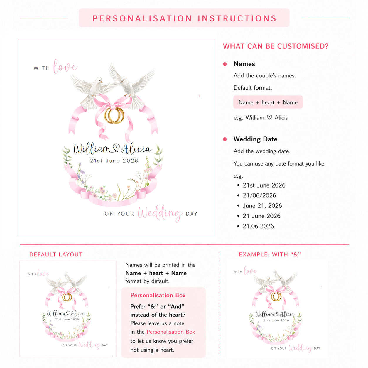 Personalised Wedding Card for Bride & Groom with Custom Names & Date -  Romantic Dove & Rings Design - Wedding Greeting Keepsake Card for Him or Her - Pink Envelope Included