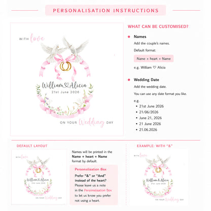 Personalised Wedding Card for Bride & Groom with Custom Names & Date -  Romantic Dove & Rings Design - Wedding Greeting Keepsake Card for Him or Her - Pink Envelope Included