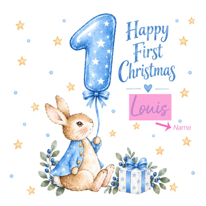Personalised Baby Boy’s First Christmas Card – Blue Cute Bunny Design