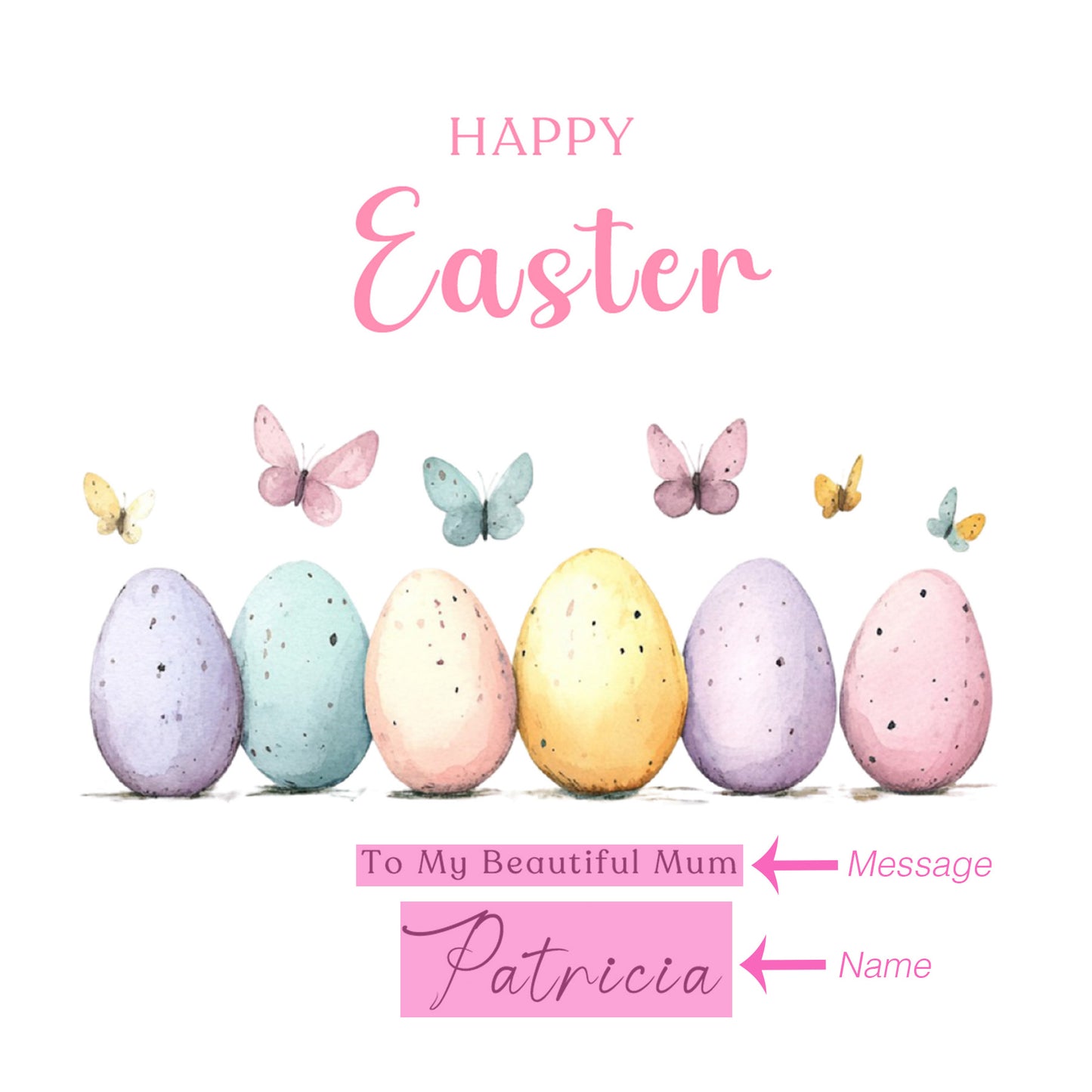 Personalised Happy Easter Card with Custom Name and Message - Butterfly with Easter Eggs Design for Her, Mum, Grandma, Auntie, Daughter, Granddaughter, Niece, Girls – Pink Envelope Included