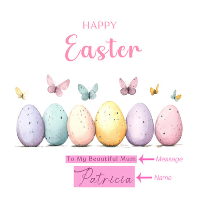 Personalised Happy Easter Card with Custom Name and Message - Butterfly with Easter Eggs Design for Her, Mum, Grandma, Auntie, Daughter, Granddaughter, Niece, Girls – Pink Envelope Included