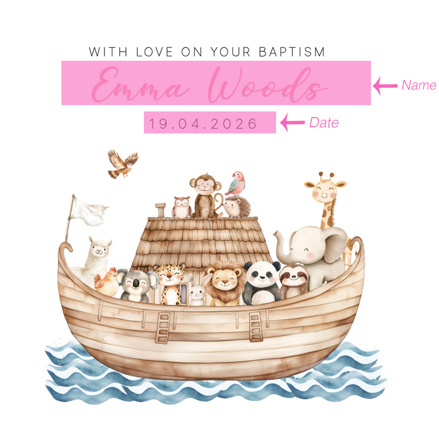 Personalised Christening Card for Girl – Custom Baptism Card with Name & Date - Noah’s Ark Design – Religious Baptism Card for Girls, Daughter, Granddaughter, Niece with Pink Envelope