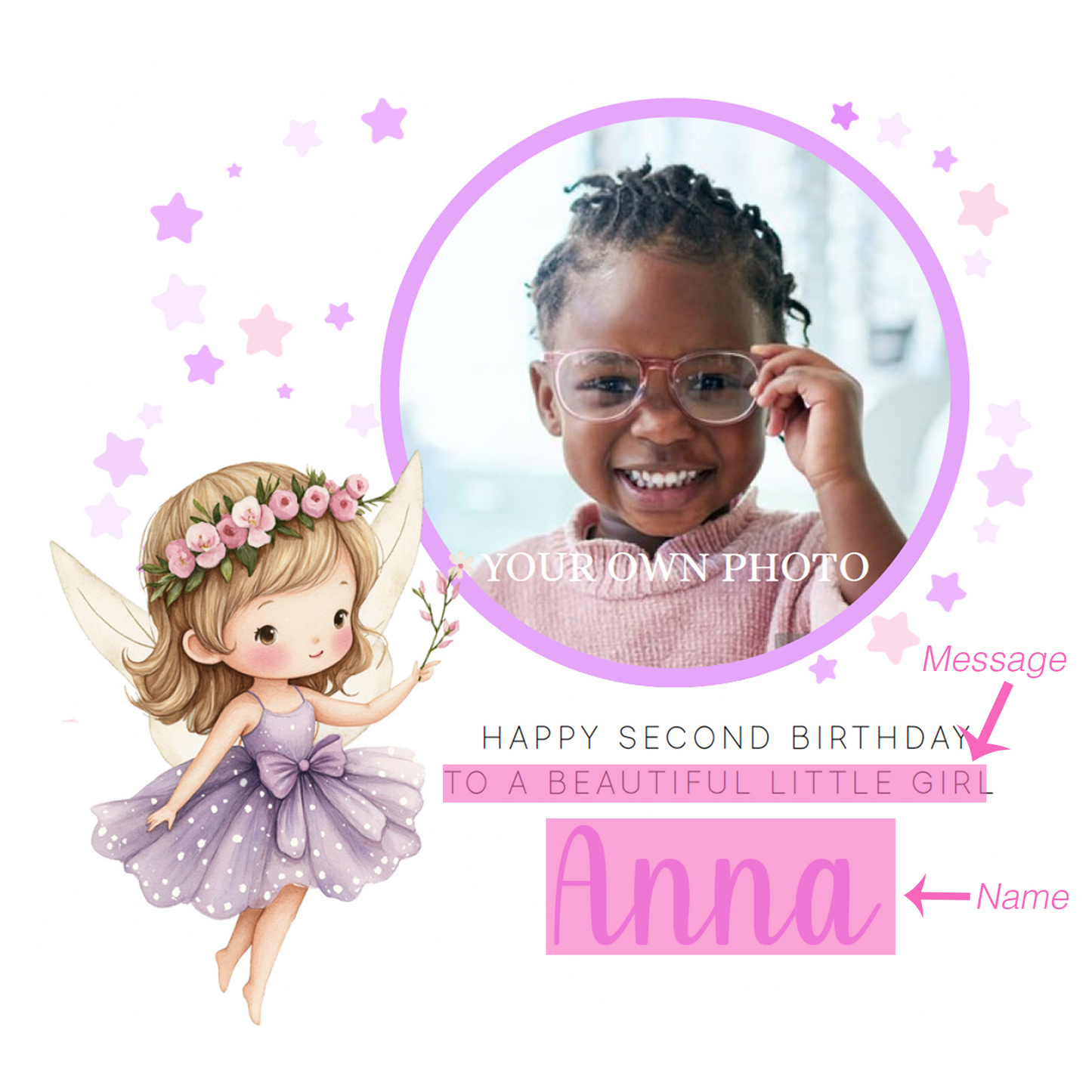 Personalised Photo 2 Years Old 2nd Birthday Card for Toddler Girl – Fairy Design with Custom Photo, Name & Message- Age 2 Year Old Birthday Card for Daughter, Granddaughter, Niece with Purple Envelope