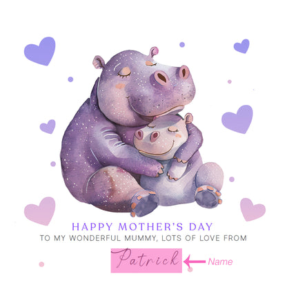 Personalised Happy Mother's Day Card with Custom Name for Her, Mummy, Mama, Mum, Mother to be, Grandma from Children, Son & Daughter – Cute Hippo Mum & Kid  - Purple Envelope Included