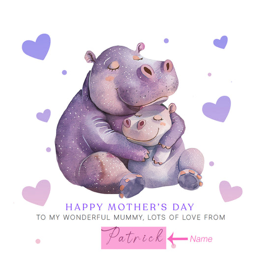 Personalised Happy Mother's Day Card with Custom Name for Her, Mummy, Mama, Mum, Mother to be, Grandma from Children, Son & Daughter – Cute Hippo Mum & Kid  - Purple Envelope Included