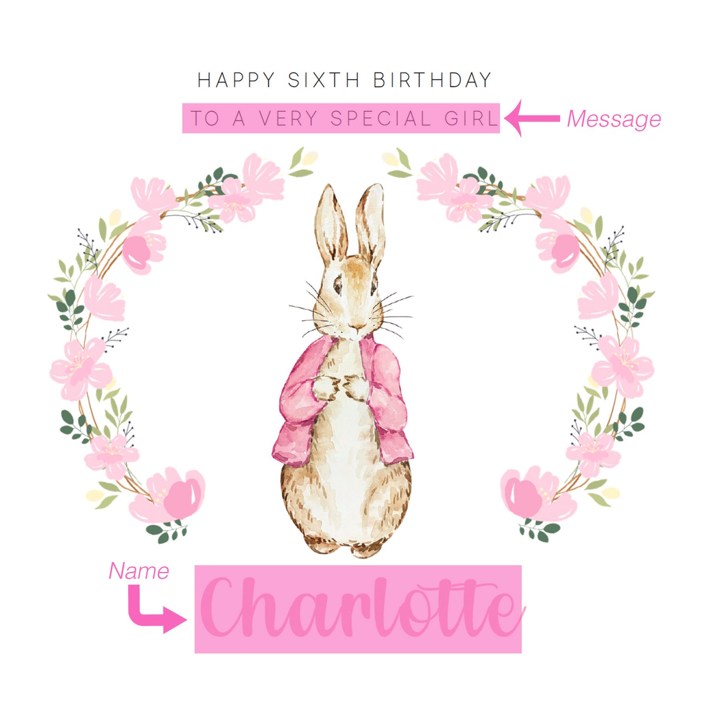 Personalised 6 Years Old 6th Birthday Card for Girls – Cute Rabbit & Wreath with Custom Name & Message - Age 6 Birthday Card for Kids Children Daughter Granddaughter Niece - Pink Envelope Included