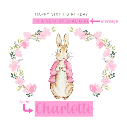 Personalised 6 Years Old 6th Birthday Card for Girls – Cute Rabbit & Wreath with Custom Name & Message - Age 6 Birthday Card for Kids Children Daughter Granddaughter Niece - Pink Envelope Included