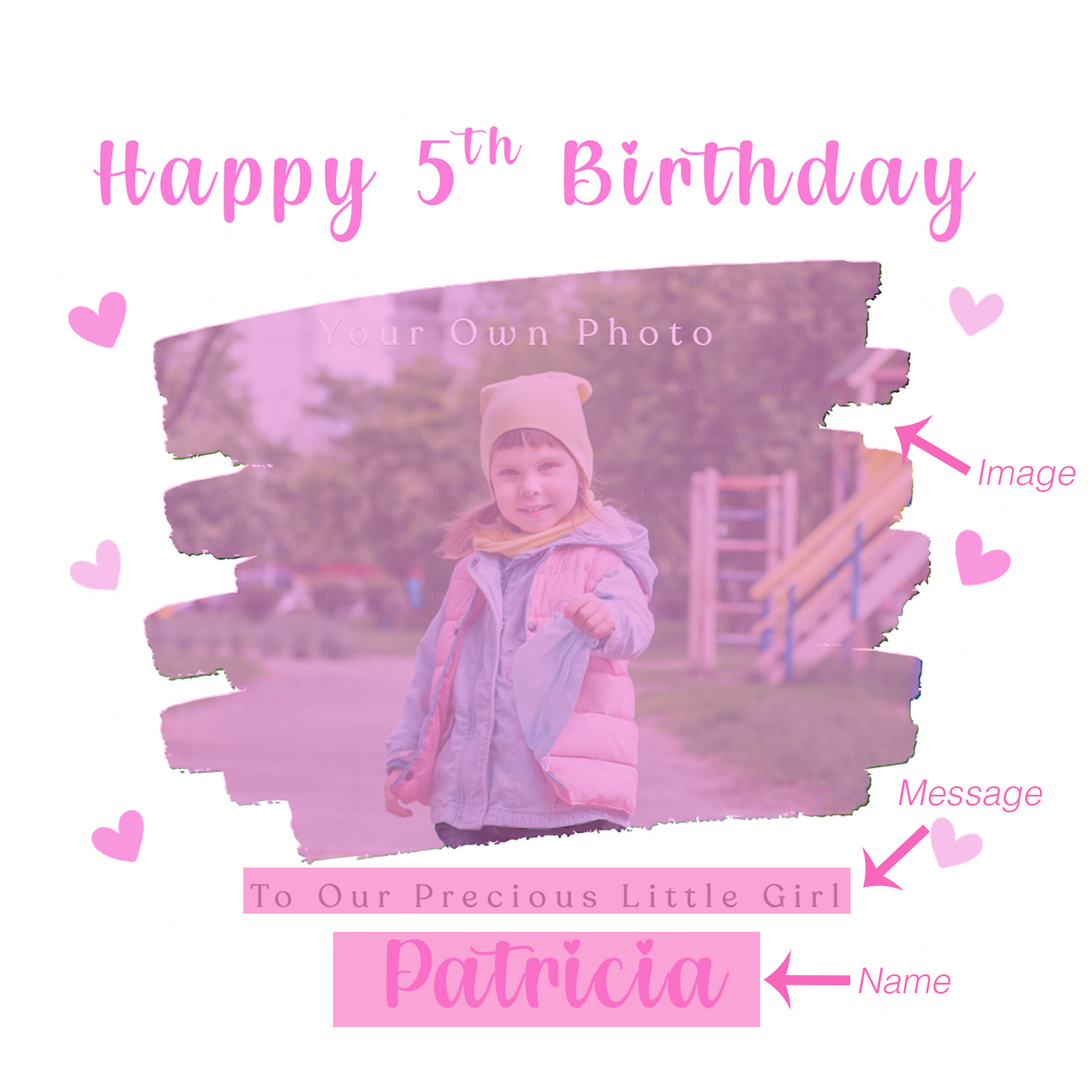 Personalised Photo 5 Years Old 5th Birthday Card for Girls – Brush Stroke Photo Frame with Custom Photo, Name & Message for Age 5 Years Old Kid, Daughter, Granddaughter, Niece with Pink Envelope