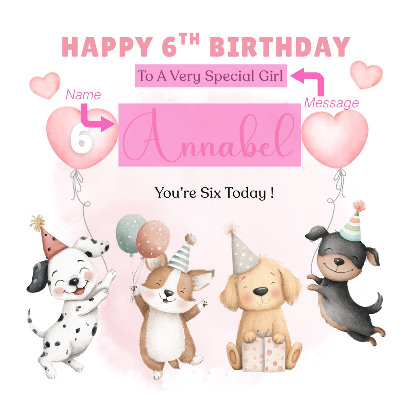 Personalised 6th Birthday Card for Girls – Cute Puppy Dogs Design with Custom Name and Message – Age 6 Years Old Birthday Card for Girls, Kids, Daughter, Granddaughter, Niece – Pink Envelope Included