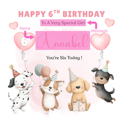 Personalised 6th Birthday Card for Girls – Cute Puppy Dogs Design with Custom Name and Message – Age 6 Years Old Birthday Card for Girls, Kids, Daughter, Granddaughter, Niece – Pink Envelope Included