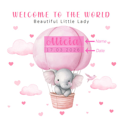 Personalised New Baby Girl Card Congratulations for Newborn Daughter, Granddaughter, Niece - Welcome To The World Card with Elephant and Hot Air Balloon Design - Custom Name & Date with Pink Envelope