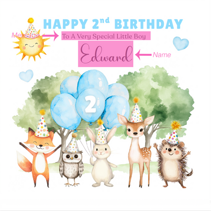Personalised 2 Years Old 2nd Birthday Card for Toddler Boy – Forest Animal Design with Custom Name & Message - Two years old Birthday Card for Son, Grandson Nephew with Blue Envelope