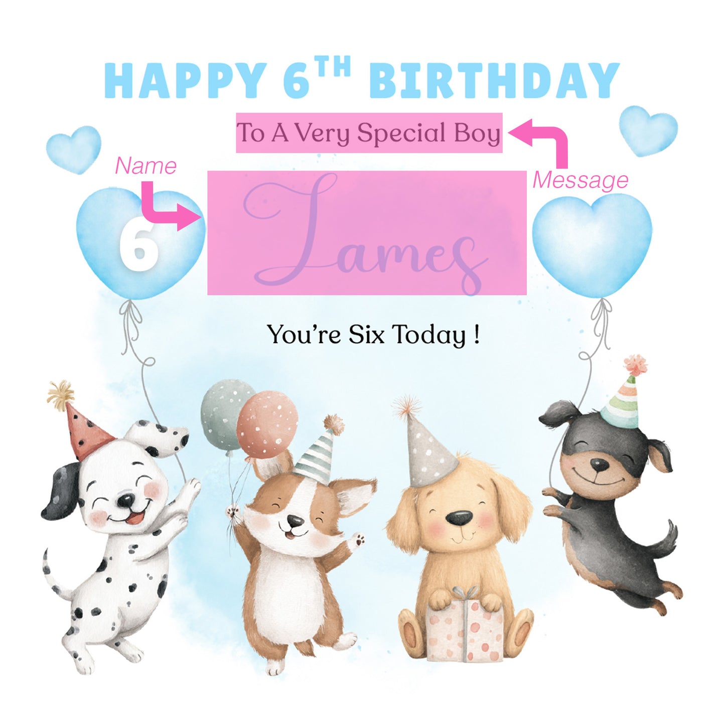 Personalised 6th Birthday Card for Boys – Cute Puppy Dogs Design with Custom Name and Message, Age 6 Years Old Birthday Card for Kids, Children, Boy, Son, Grandson, Nephew– Blue Envelope Included