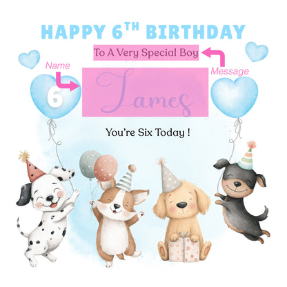 Personalised 6th Birthday Card for Boys – Cute Puppy Dogs Design with Custom Name and Message, Age 6 Years Old Birthday Card for Kids, Children, Boy, Son, Grandson, Nephew– Blue Envelope Included