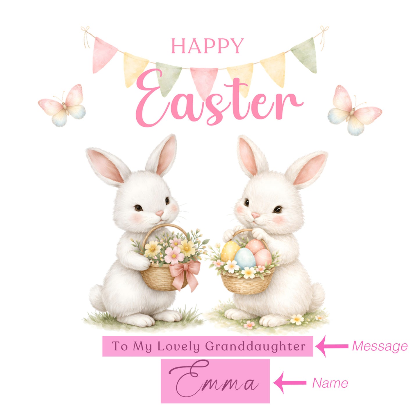 Personalised Happy Easter Card with Custom Name and Message - Two Bunnies Design for Girls,  Mum, Grandma, Auntie, Daughter, Granddaughter, Niece, Baby Girl, Little One – Pink Envelope Included