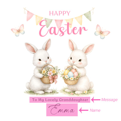 Personalised Happy Easter Card with Custom Name and Message - Two Bunnies Design for Girls,  Mum, Grandma, Auntie, Daughter, Granddaughter, Niece, Baby Girl, Little One – Pink Envelope Included