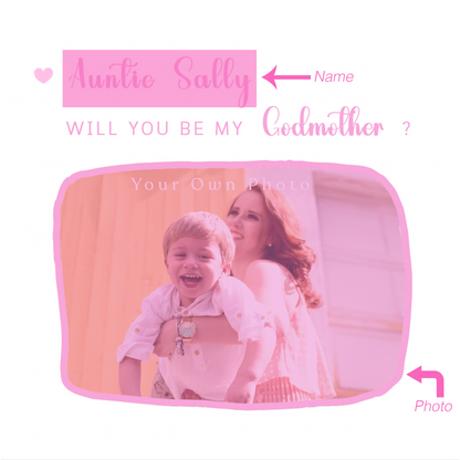 Personalised Photo Godmother Proposal Card -  Will You Be My Godmother Card with Custom Name and Photo - Elegant Personalised Baptism Christening Day Proposal Card - Pink Envelope Included