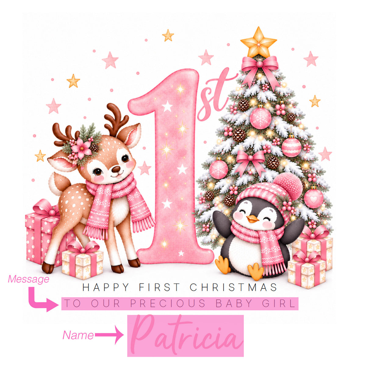 Personalised Baby Girl's 1st Christmas Card – Reindeer & Penguin Christmas Card