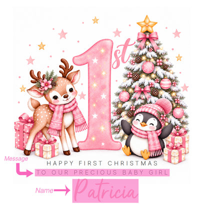 Personalised Baby Girl's 1st Christmas Card – Reindeer & Penguin Christmas Card