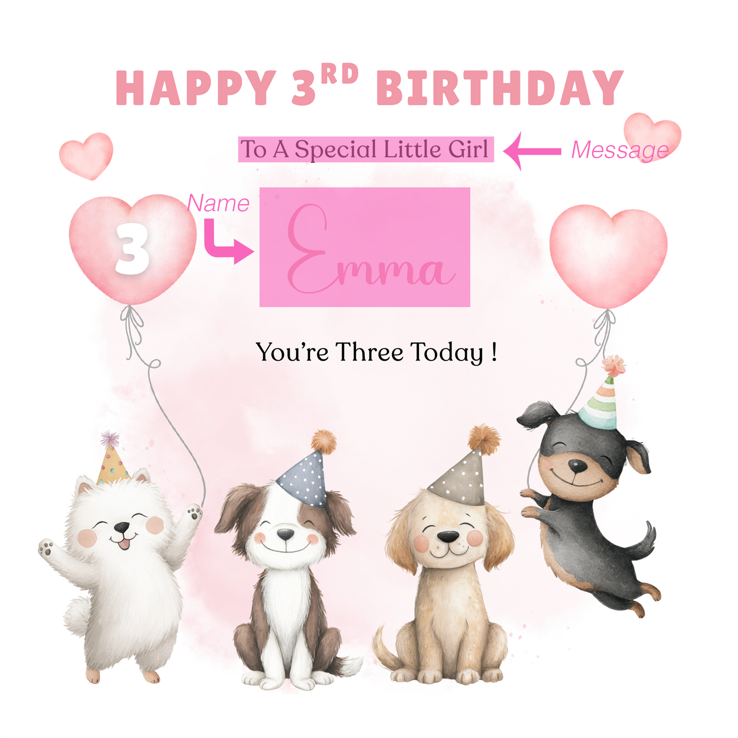 Personalised 3 Years Old 3rd Birthday Card for Toddler Girl – Puppy Dogs Design with Custom Name & Message - Age 3 Year Old Birthday Card for Girls, Daughter, Granddaughter, Niece with Pink Envelope