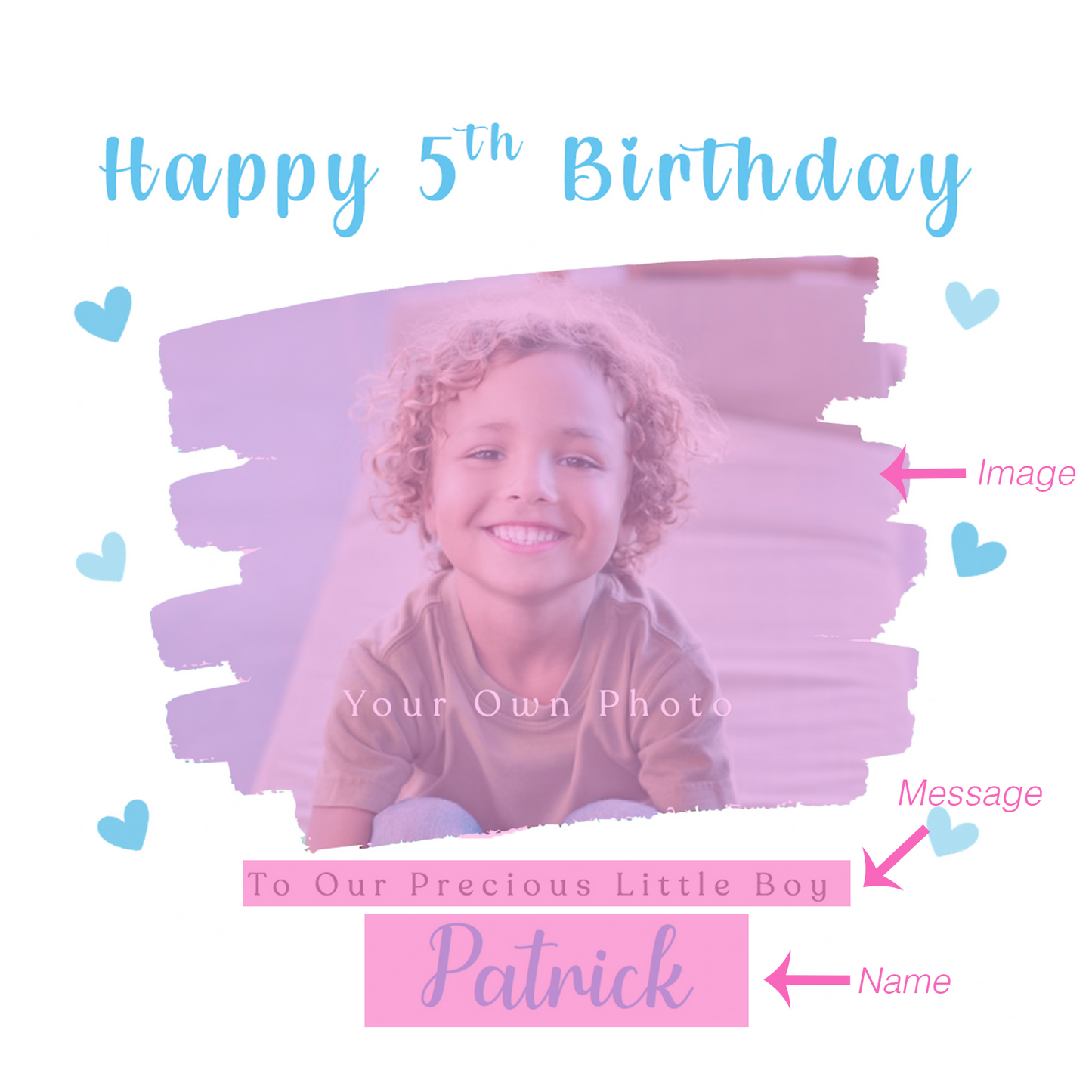 Personalised Photo 5th Birthday Card for Boys – Brush Stroke Frame with Custom Photo, Name & Message, Age 5 Years Old Fifth Birthday Card for Kids, Son, Grandson, Nephew –  Blue Envelope Included