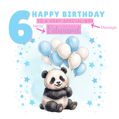 Personalised 6th Birthday Card for Boys – Cute Panda Design with Custom Name and Message, Age 6 Years Old Birthday Card for Kids, Children, Boy, Son, Grandson, Nephew– Blue Envelope Included