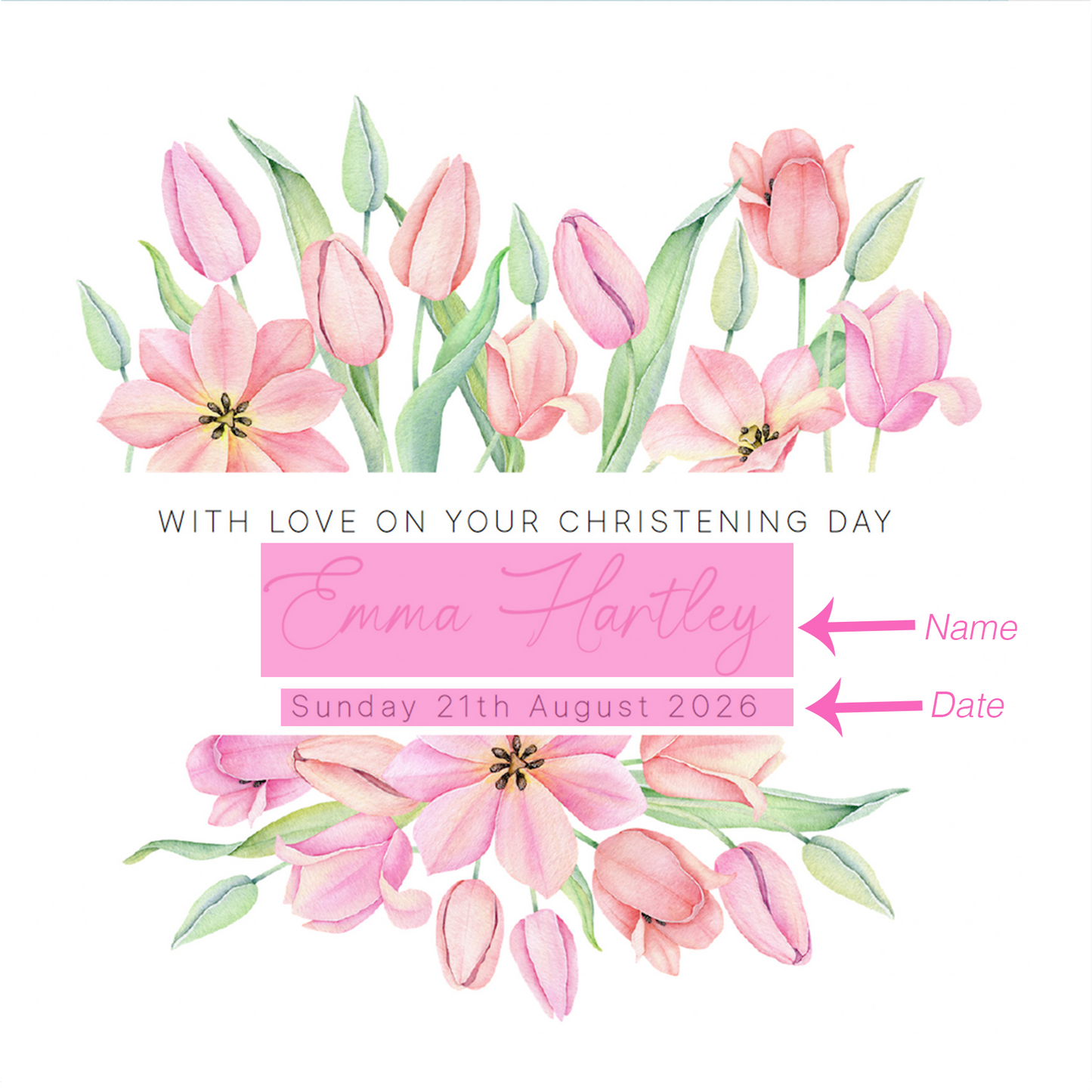 Personalised Christening Card for Girl – Custom Baptism Card with Name & Date - Pink Floral Design – Religious Baptism Card for Girls, Daughter, Granddaughter, Niece - Pink Envelope Included