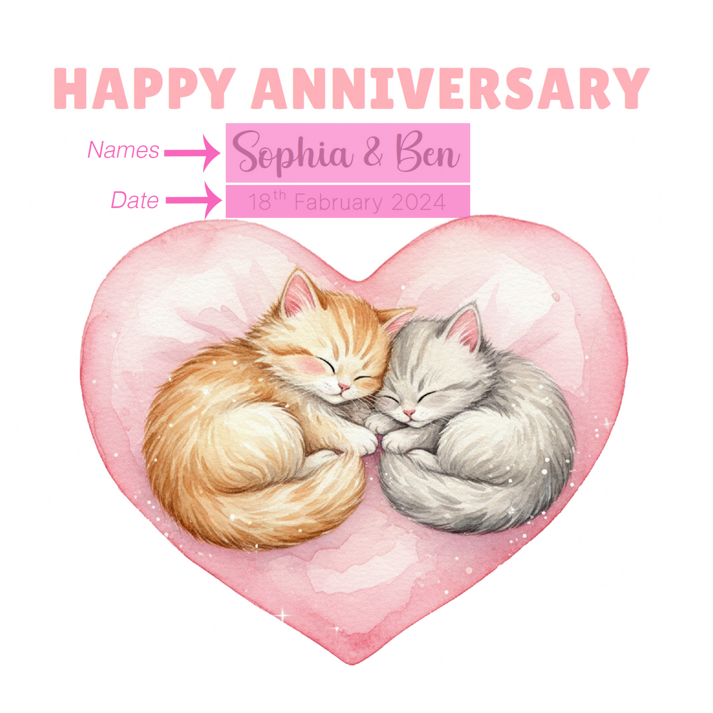 Personalised Cute Cats Anniversary Card - Custom Couple Names & Date for Wedding, 1st, 2nd,10th, 20th - For Cat Lovers, Him, Her, Wife, Husband - Pink Envelope Included