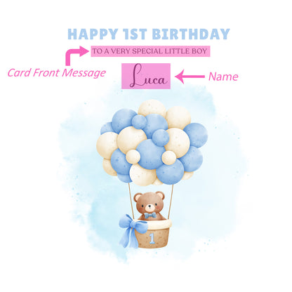 Bear in a Hot Ballon -Personalised Watercolour Effect 1 Year Birthday Folded Card for Boys, Custom Name and Message One- Year-Old Happy 1st Birthday Card, Customisable Birthday Card for Children